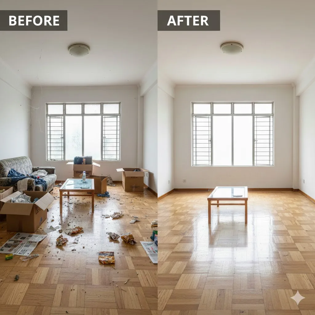 Before and after move in move out cleaning: a cluttered living room made clean
